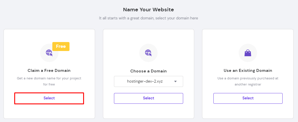 The Select button under the Claim a Free Domain option on hPanel