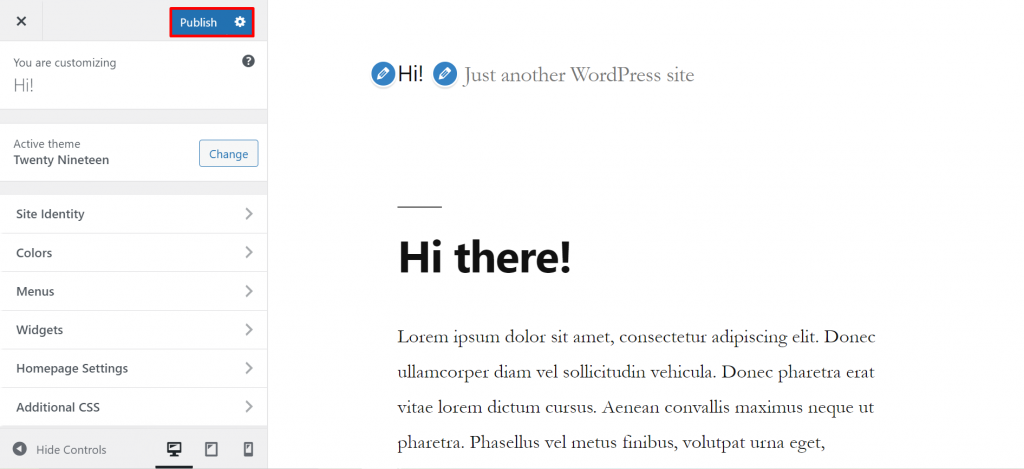 A screenshot showing the menu to customize and modify the WordPress theme.