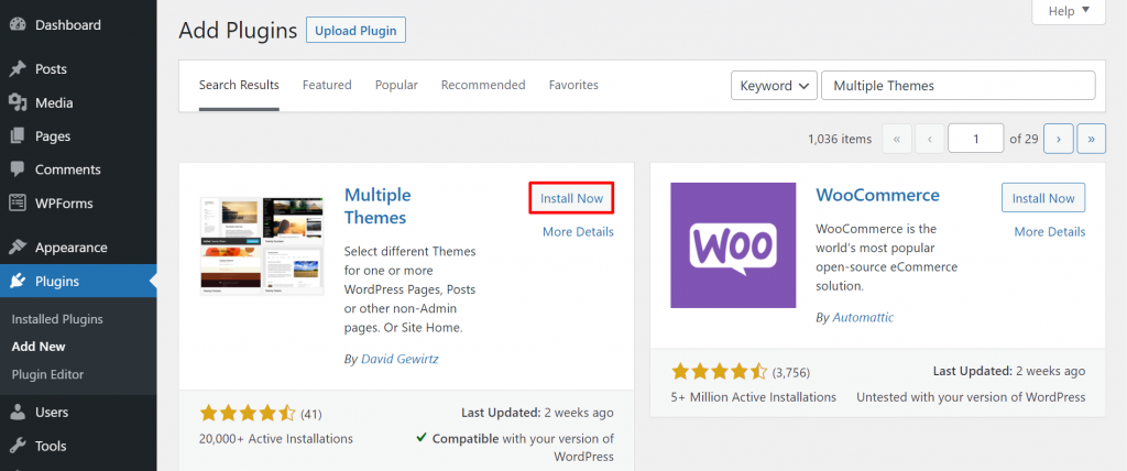 A screenshot from the WordPress dashboard showing the Multiple Themes plugin and where to click to install it.