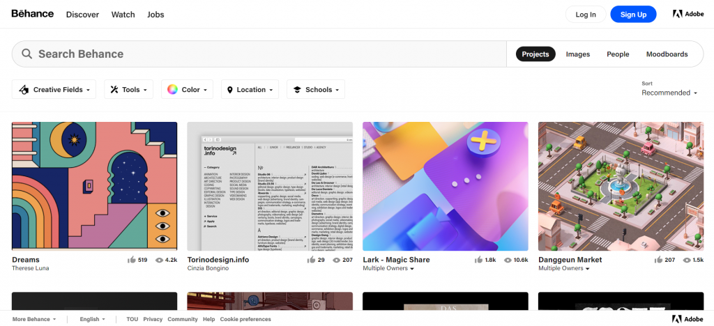 The homepage of behance.net.