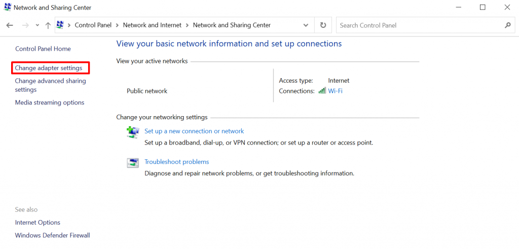 Changing adapter settings on Windows.