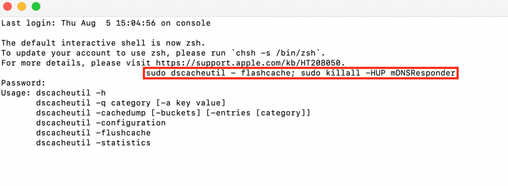 Flushing the DNS records on macOS.
