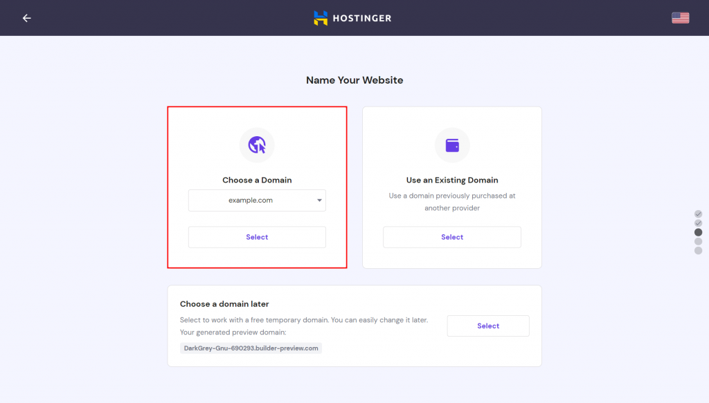 Hostinger website setup wizard with the Choose a Domain section highlighted