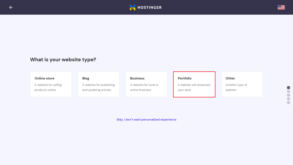 The Hostinger website setup wizard highlighting the Portfolio option