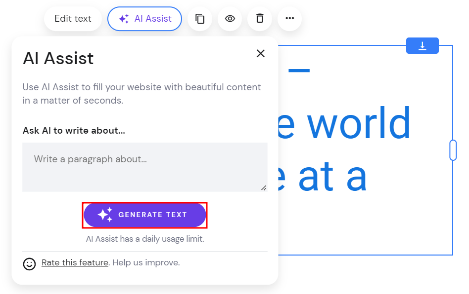 The text element's AI Assist window highlighting the Generate Text button

