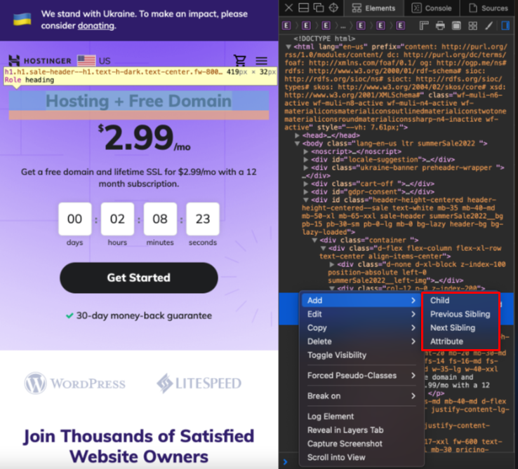 Adding a child element to a web page using Web Inspector on Safari.