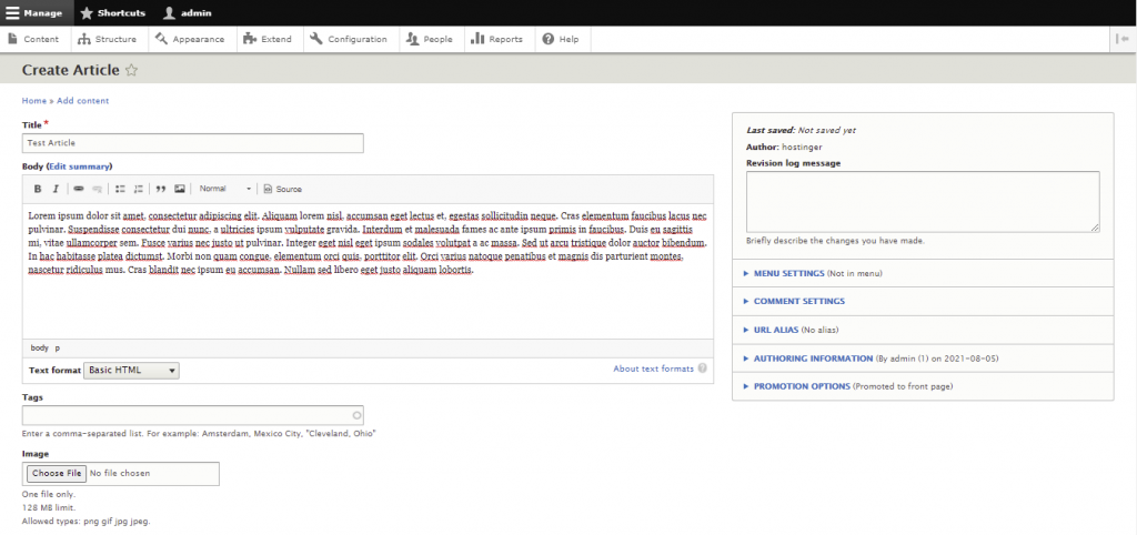 Screenshot from the Drupal dashboard showing how to create an article