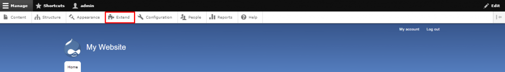 Screenshot from the Drupal's homepage showing where to find the Extend tab
