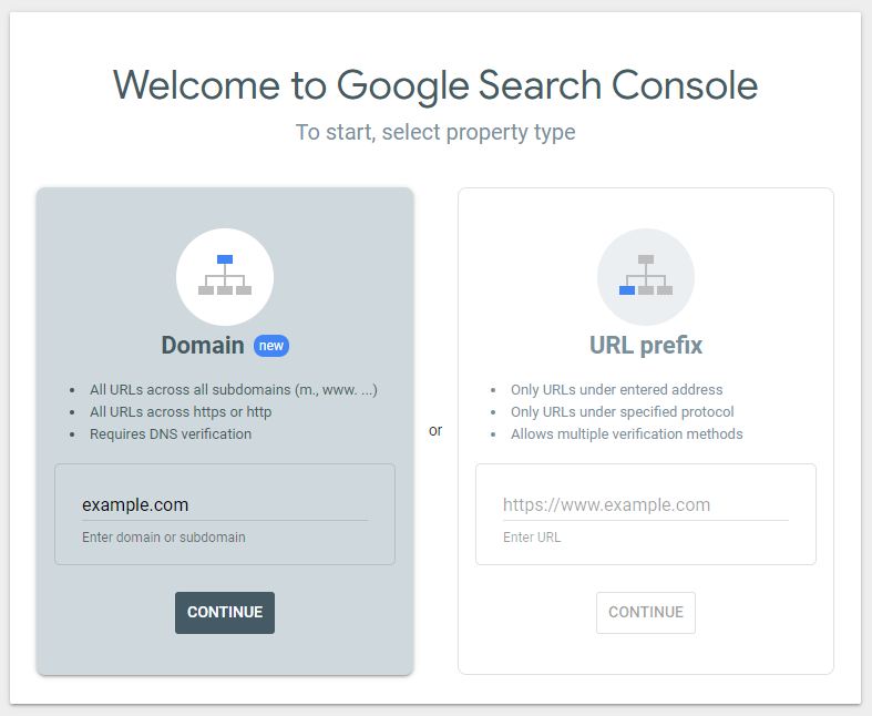 The Welcome to Google Search Console window where we select the Domain option.
