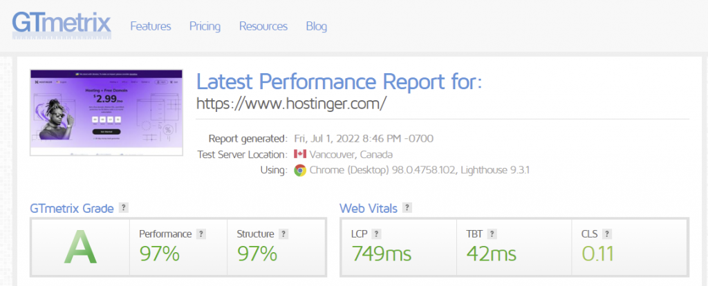 Hostinger performance test score using GTmetrix