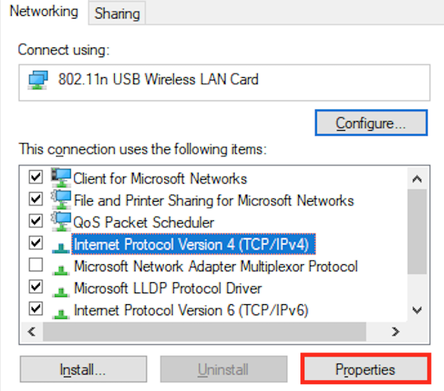 Selecting IPv4 and clicking on the Properties button