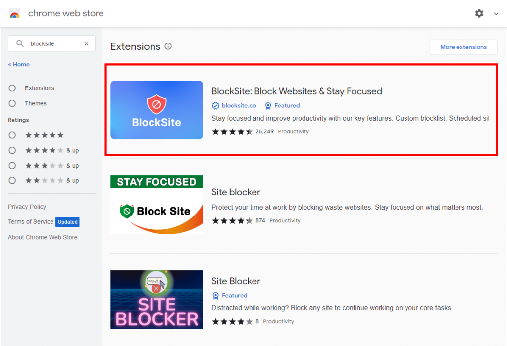 BlockSite search results in the Chrome Web Store
