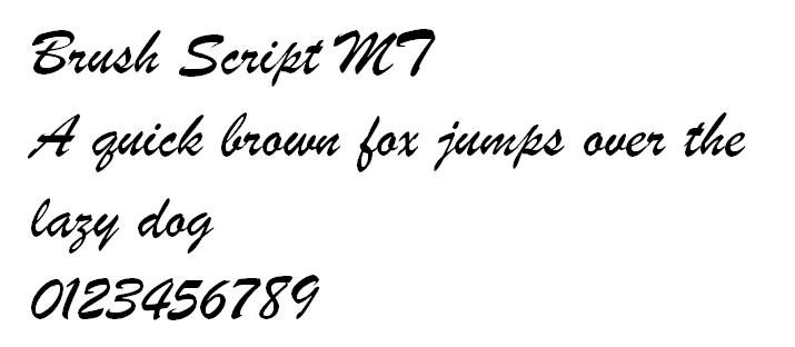 The letters and numbers of Brush Script.