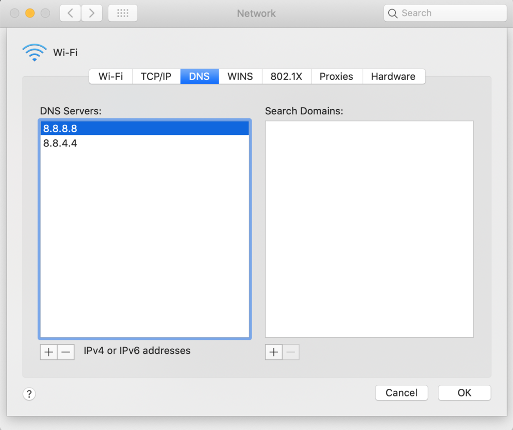 Changing DNS server addresses on macOS.