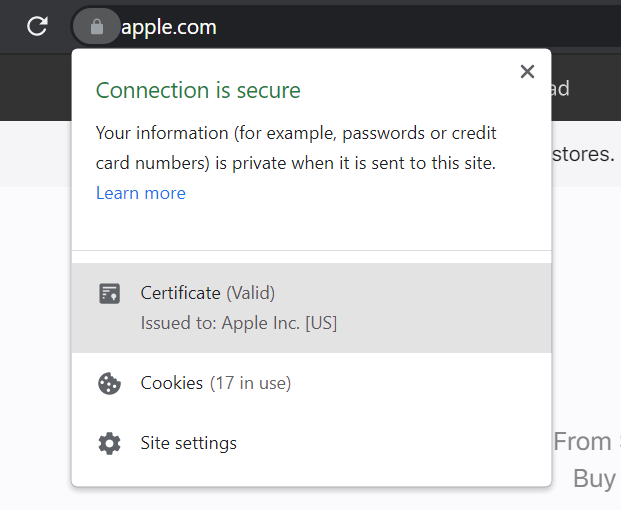 Example of an extended validation SSL certificate on Apple's website.