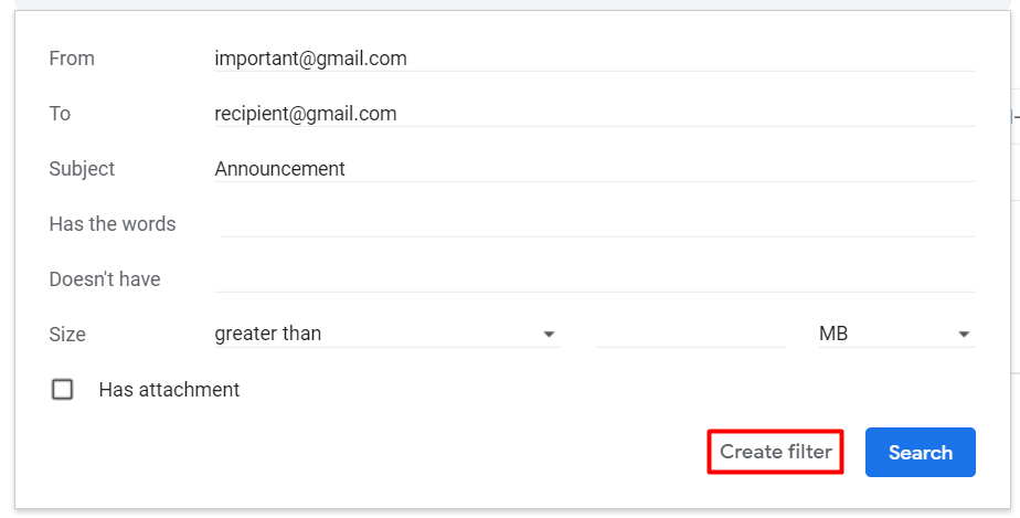 Setting the criteria for email filtering on Gmail.