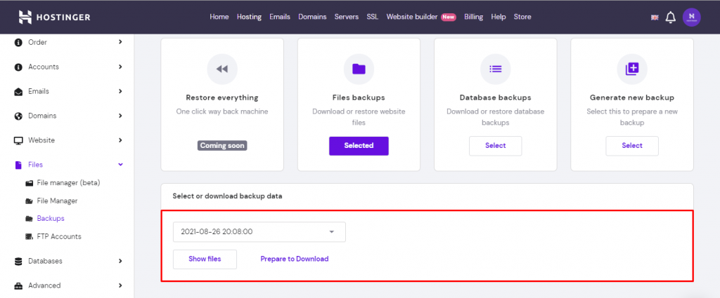 Screenshot from hPanel showing how to select which backup to download