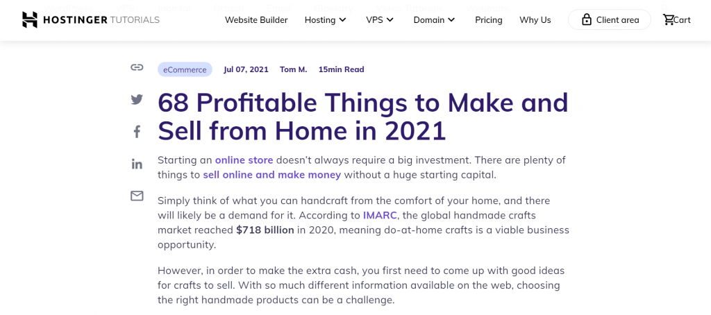 Hostinger’s article about profitable things to make and sell, which includes number in the headline.