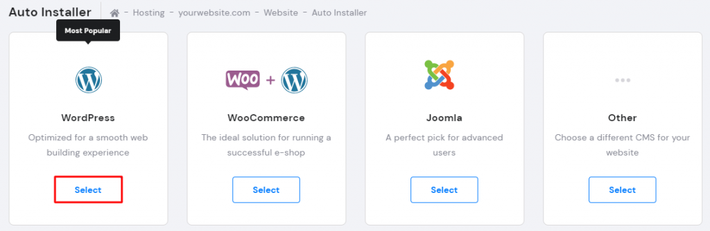Selecting WordPress on hPanel's Auto Installer
