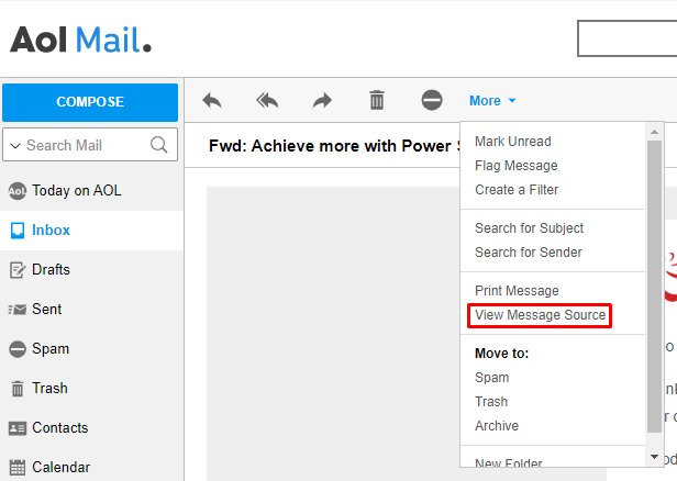 Aol Mail, highlighting View Message Source.