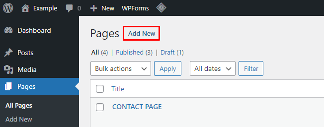 Screenshot from the WordPress dashboard showing where to find Pages in the menu and click on Add New.