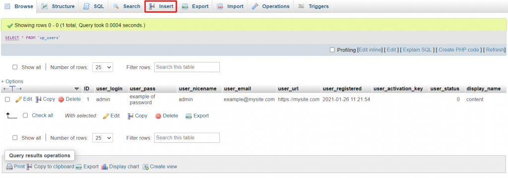 Clicking on wp_users and selecting insert in phpMyAdmin