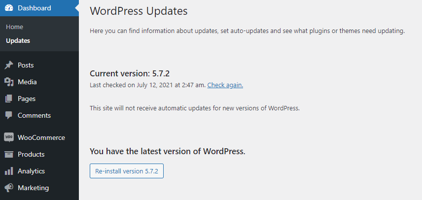 Updates page on the WordPress dashboard