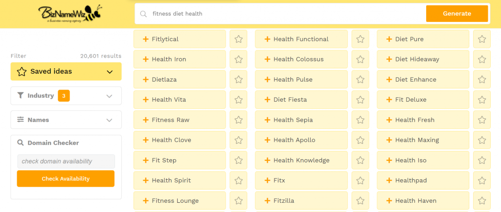 BizNameWiz's suggestions for a lifestyle blog name after typing in fitness diet health