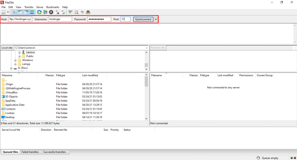 Entering FTP credentials: host, username, password, and port and clicking quickconnect.