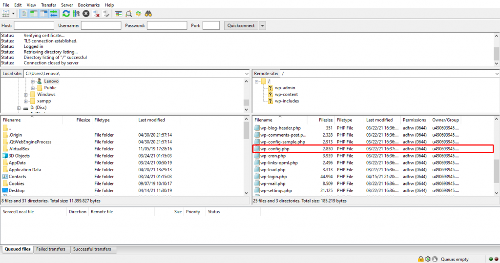 The wp-config.php file in the /public_html directory on FileZilla.