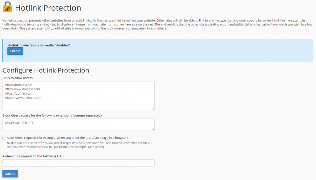 The Configure Hotlink Protection screen on cPanel