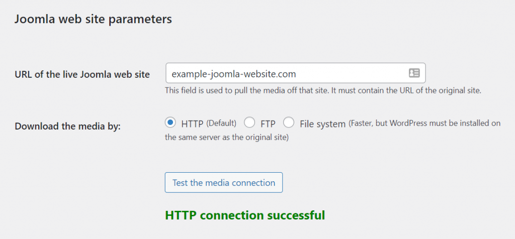 Joomla web site parameters with a success message - HTTP connection is successful