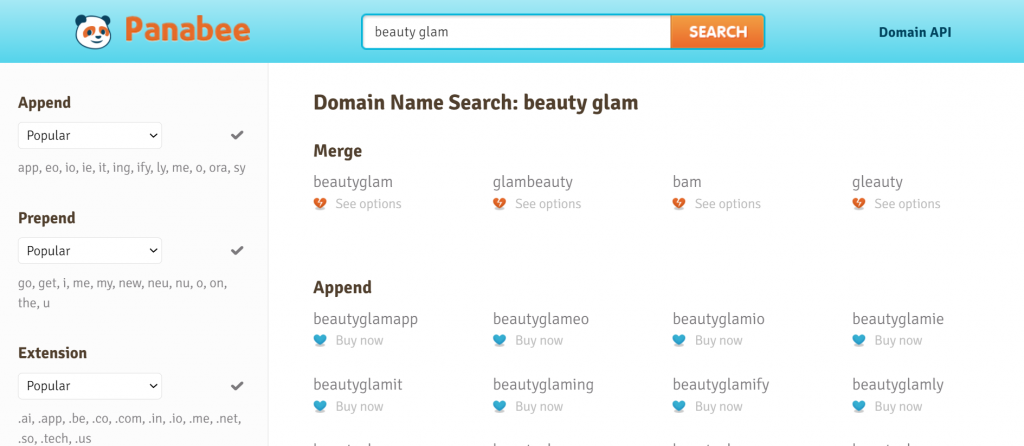 Panabee's domain search results for a beauty blog after typing in the keyword beauty glam