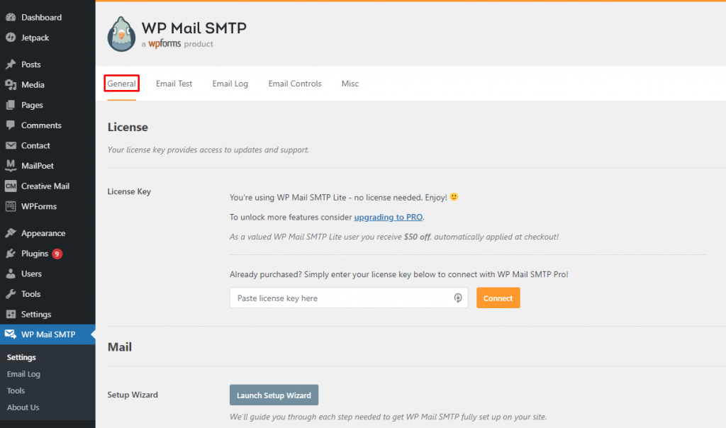 Navigating to WP Mail SMTP settings and choosing the general tab from the WordPress dashboard