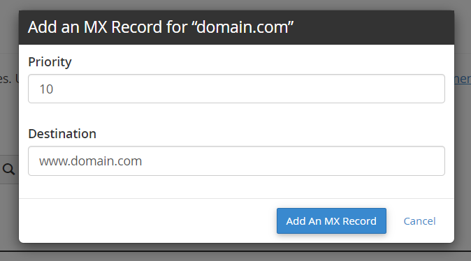 the Add an MX record window on cPanel's DNS Zone Editor