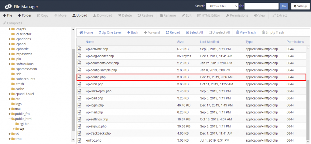 The wp-config.php file in the /public_html directory on cPanel.