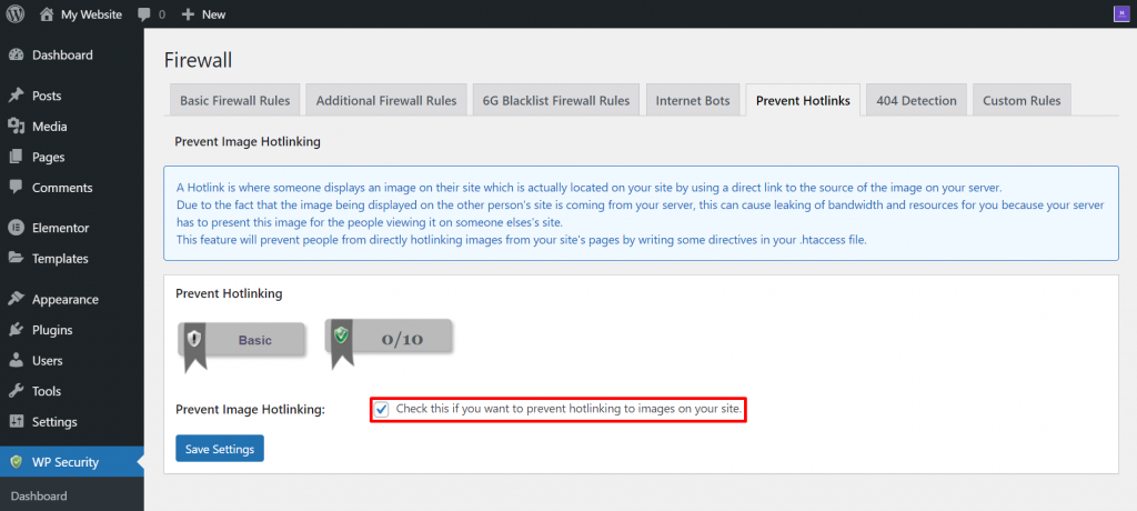 WP Security dashboard, highlighting Prevent Image Hotlinking