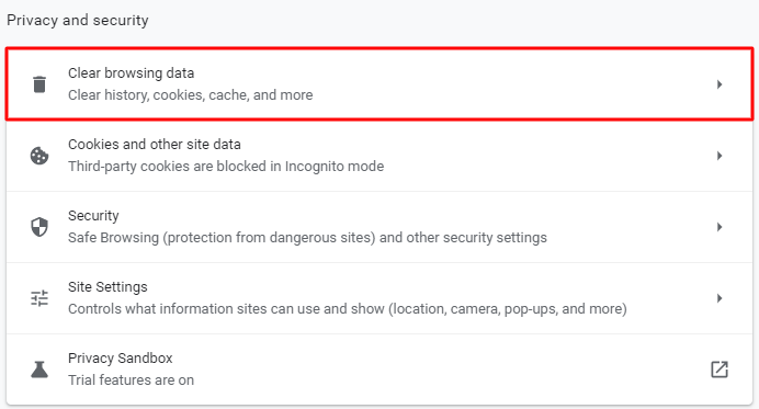 Selecting clear browsing data under the privacy and security section.