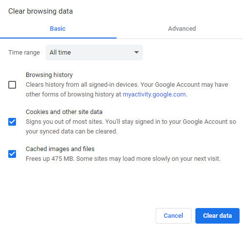 Selecting cookies and other site data and cached images and files to clear.