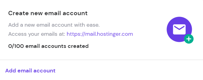 Create new email account section on the hPanel
