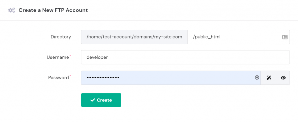 Create a New FTP Account section on hPanel