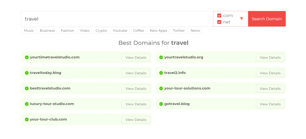 Domain Wheel's generated travel blog names with the keyword travel