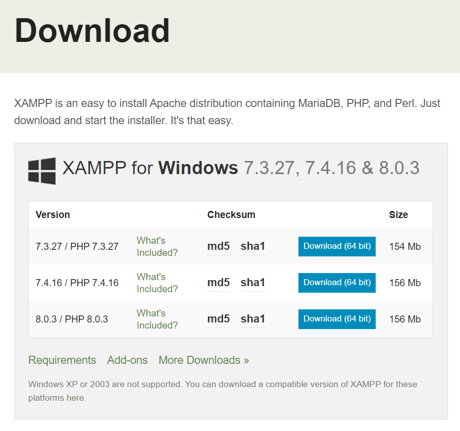 Download options of XAMPP