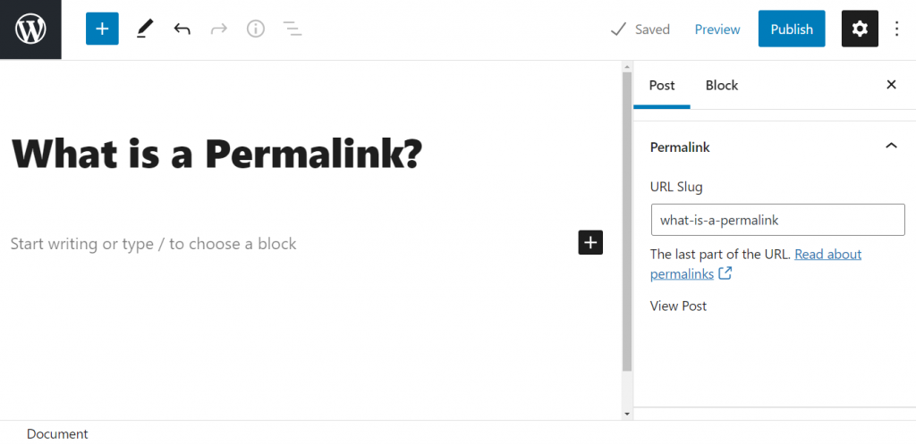 The Permalink section in the WordPress block editor