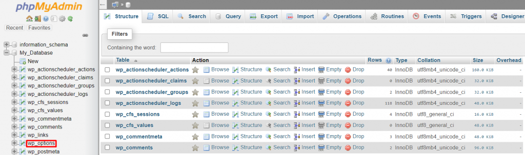 Selecting the wp_options table under the appropriate database in phpMyAdmin.