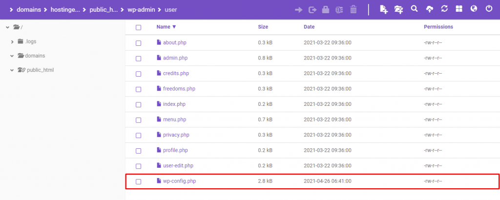 The wp-config.php file in the /public_html/wp-admin/user directory on hPanel.