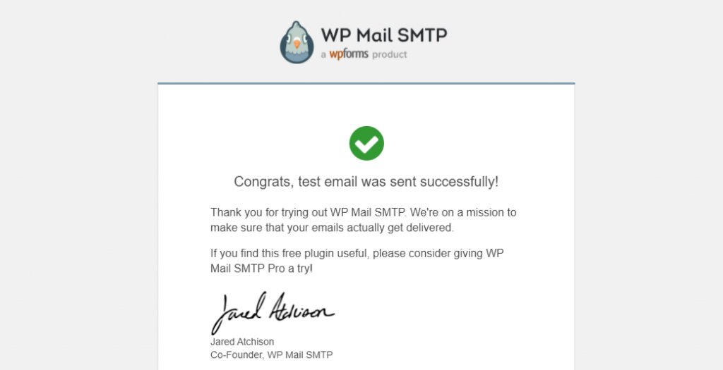 An example of a successfully sent test email