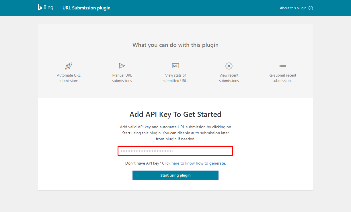 Bing Webmaster Tools add API key