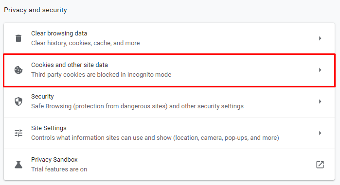 Cookies and other site data settings on Google Chrome.