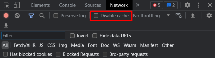DevTools window, highlighting Disable Cache